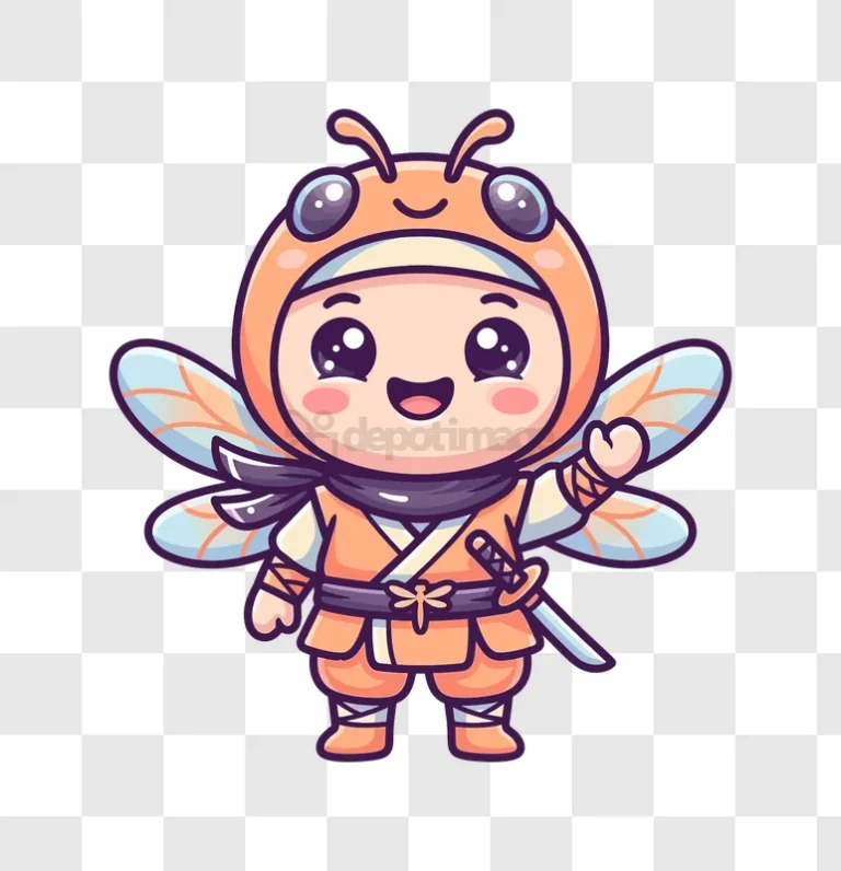 Cute Bee Ninja Character Smiling kawaii cartoon transparent background