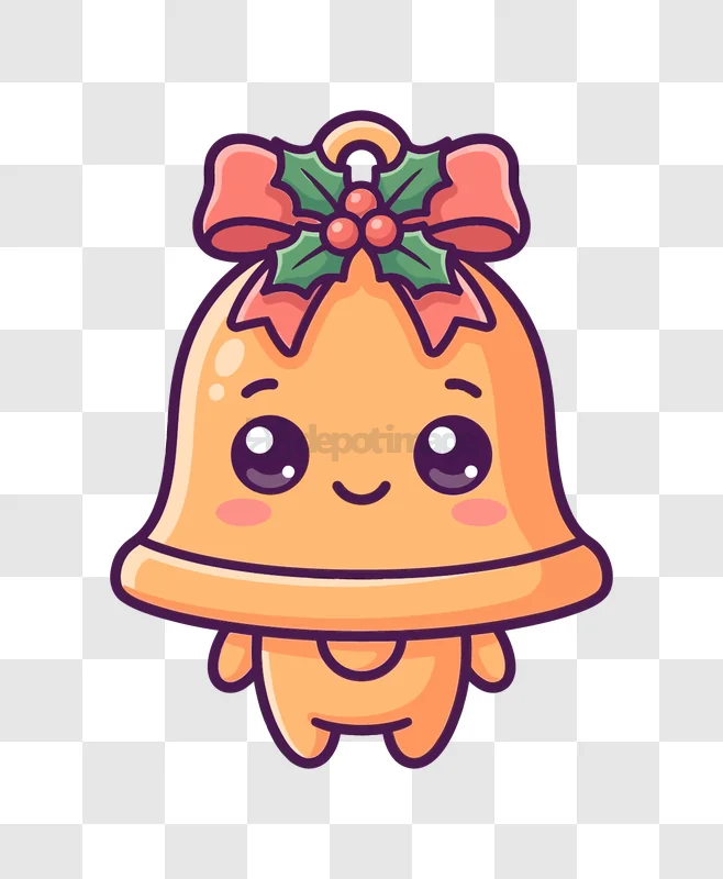 Cute Bell Kawaii Christmas Character, cartoon style orange bell with holly