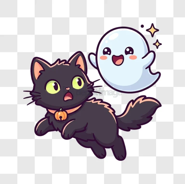 Cute Black Cat Scared of Ghost cartoon illustration transparent background