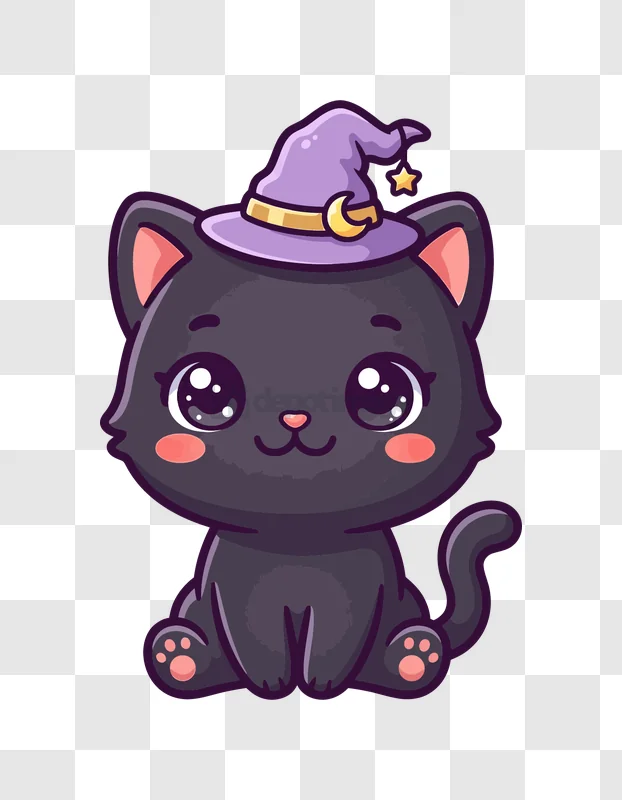 Cute Black Cat Wearing Witch Hat cartoon style transparent background