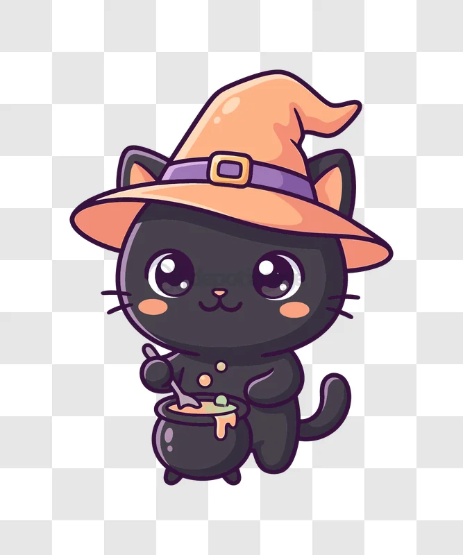 Cute Black Cat Witch Potion cartoon style orange hat