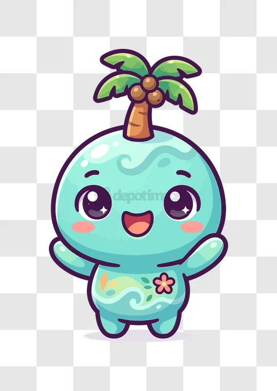 Cute Blue Blob With Palm Tree kawaii style illustration transparent background