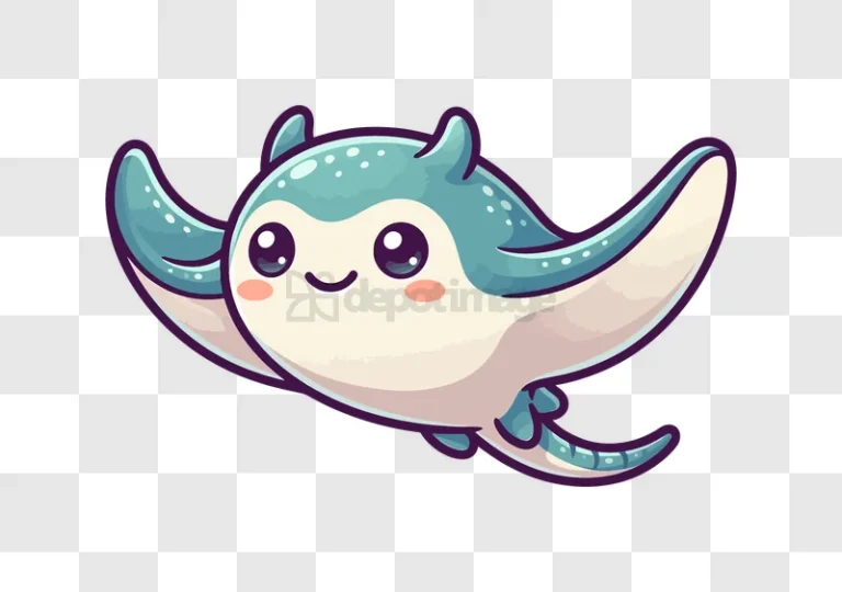 Cute Blue Cartoon Manta Ray Floating, adorable cartoon style, blue and white