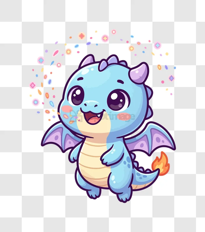 Cute Blue Dragon Blowing Confetti cartoon style transparent background