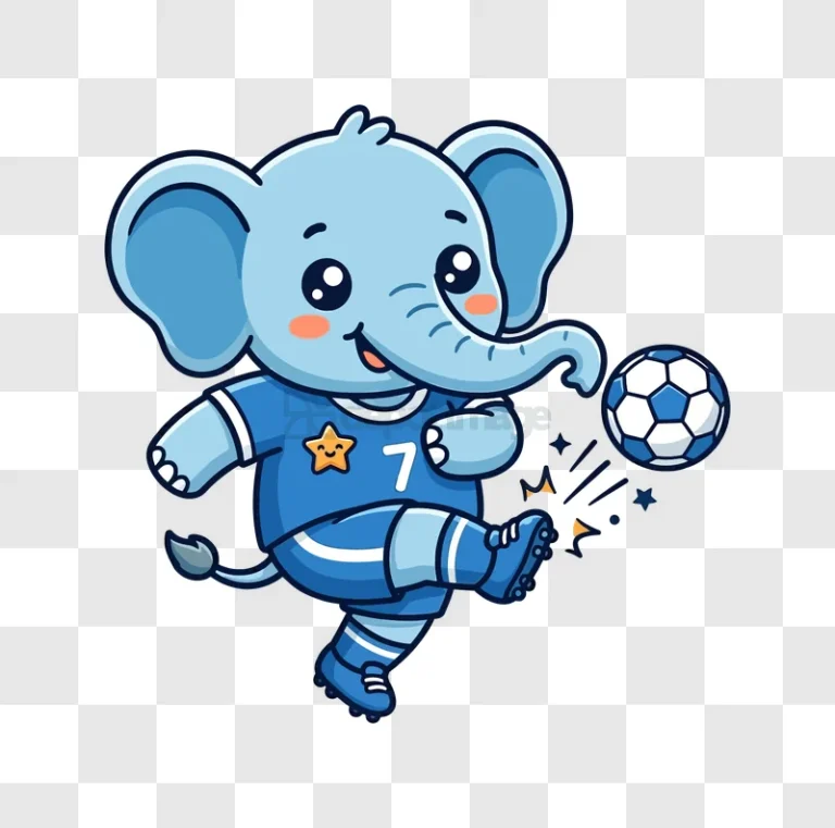 Cute Blue Elephant Playing Soccer Wearing Jersey cartoon style blue and white