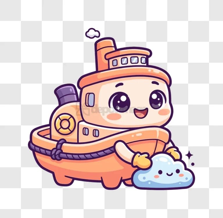 Cute Boat Holding a Cloud cartoon style orange purple transparent