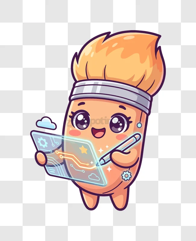 Cute Brush Drawing on Tablet cartoon character holding stylus tablet