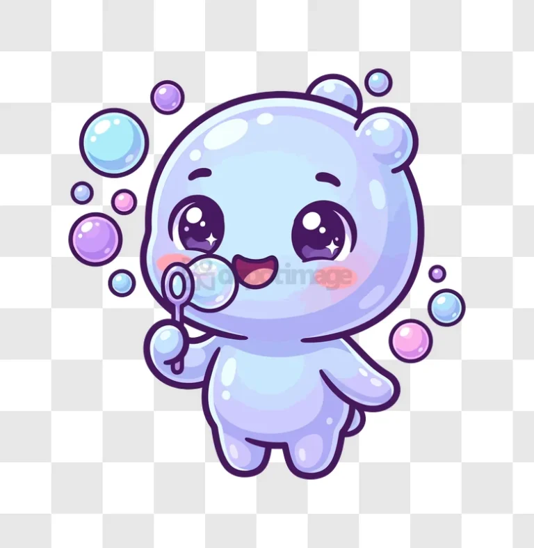 Cute Bubble Monster Blowing Bubbles, cartoon style, purple and blue, transparent background
