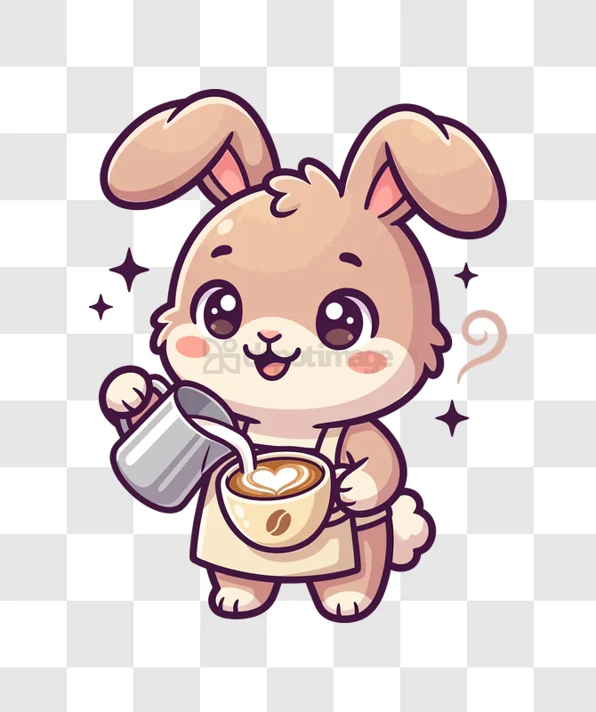 Cute Bunny Barista Pouring Coffee cartoon style transparent background