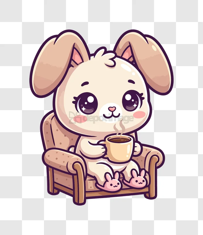 Cute Bunny Drinking Coffee in Armchair cartoon style transparent background