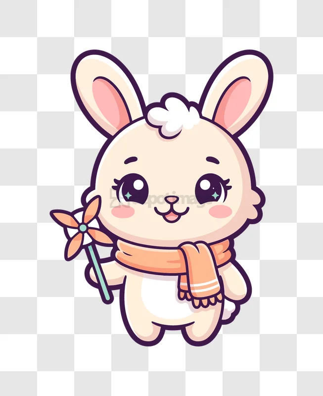 Cute Bunny Holding a Pinwheel Scarf cartoon style transparent background