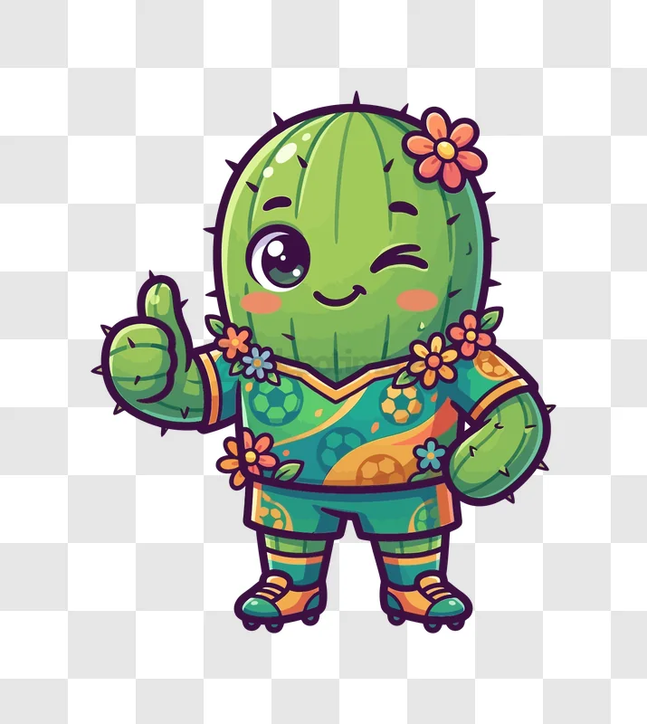 Cute Cactus Soccer Player Winking cartoon style transparent background