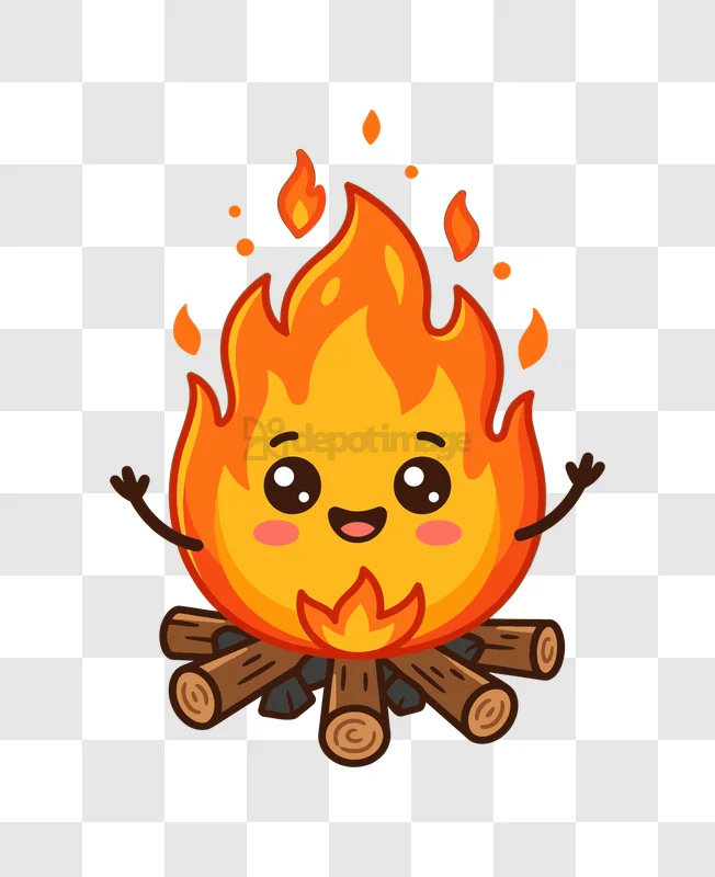 Cute Campfire Character With Flames cartoon style transparent background