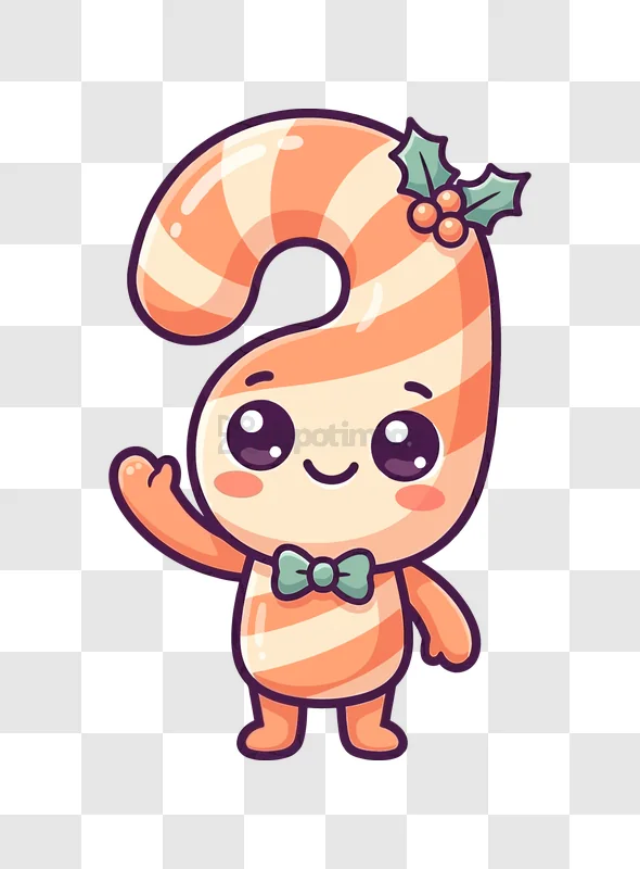 Cute Candy Cane Character Waving cartoon style transparent background with holly