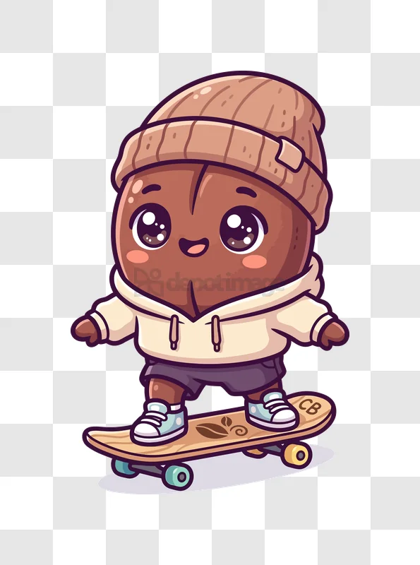 Cute Cartoon Acorn Character Skateboarding With Beanie and Hoodie, cartoon style transparent background