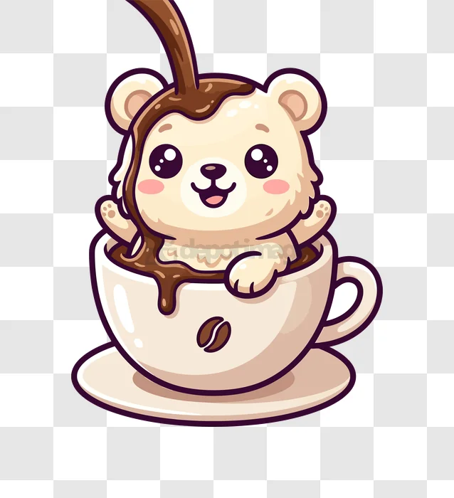 Cute Cartoon Bear in Coffee Cup With Chocolate Syrup cartoon style transparent background