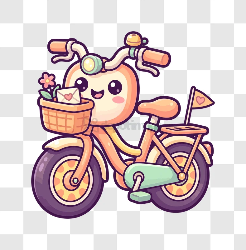 Cute Cartoon Bicycle With Basket, pastel colors, cheerful, transparent background