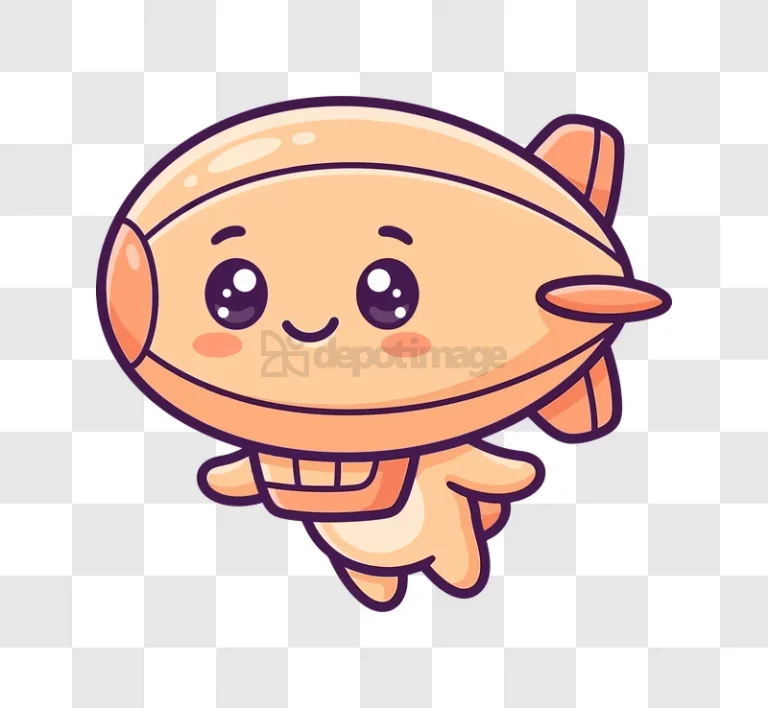 Cute Cartoon Blimp Character Smiling with purple eyes, orange body, transparent background