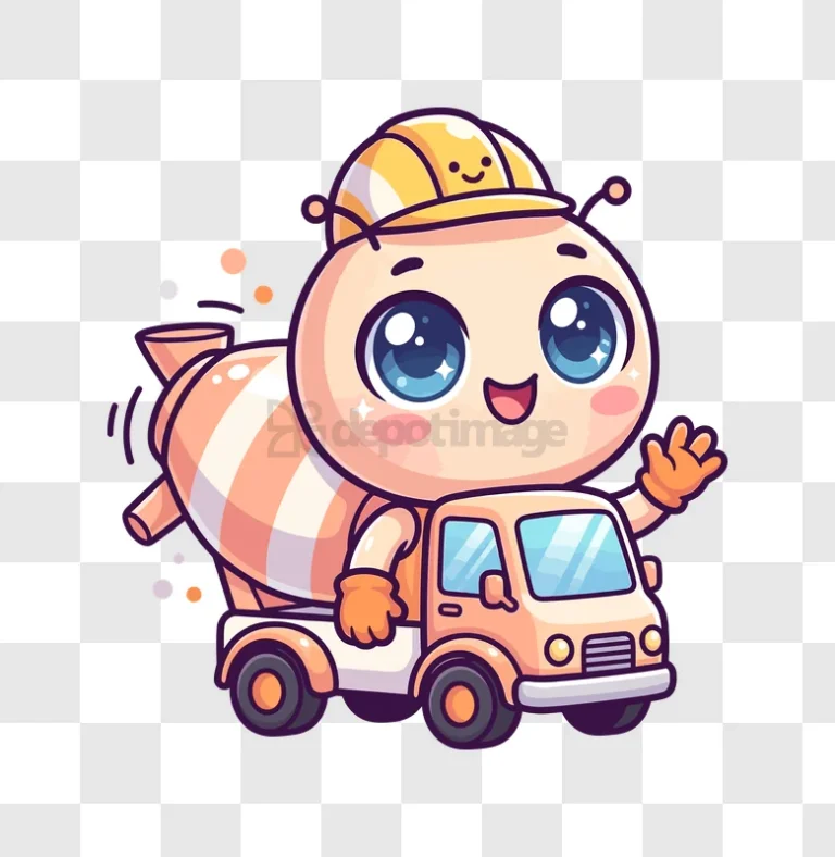Cute Cartoon Cement Mixer Truck Character Waving, pastel orange and white transparent background