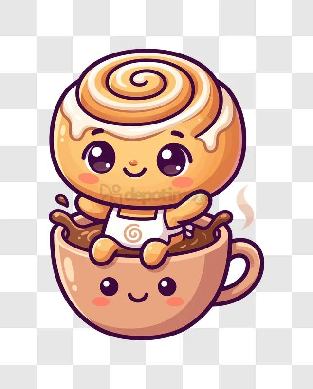 Cute Cartoon Cinnamon Roll Character in Coffee Cup cartoon style vibrant colors