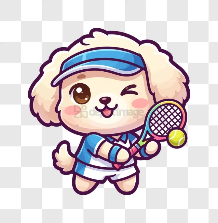 Cute Cartoon Dog Playing Tennis cartoon style white fluffy dog