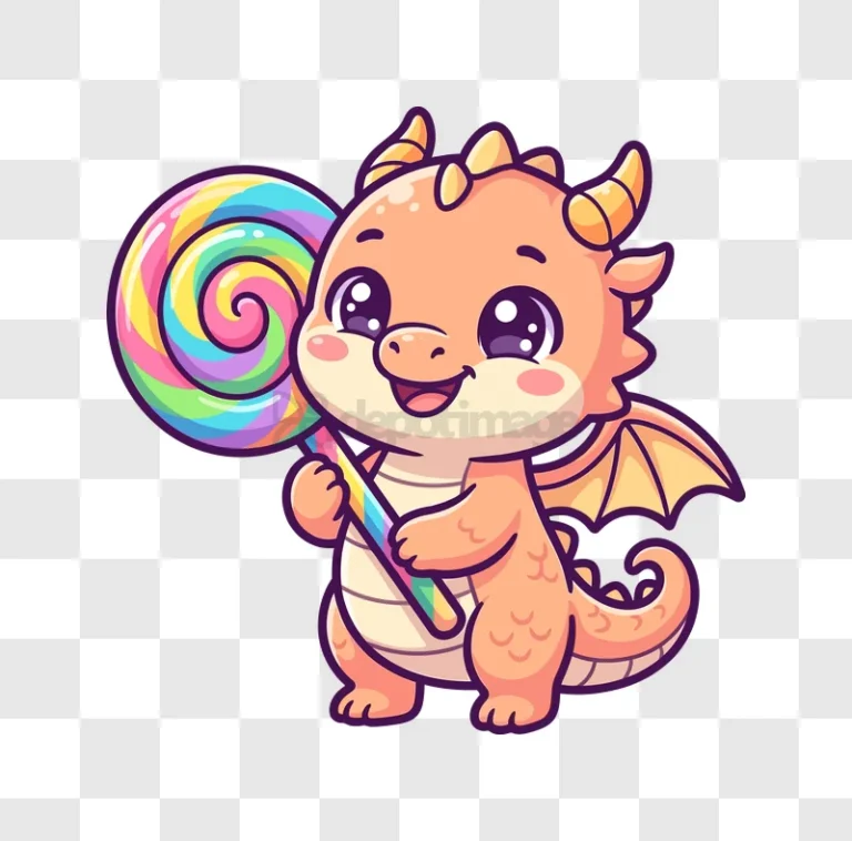 Cute Cartoon Dragon Holding a Colorful Swirl Lollipop a cheerful orange creature with big eyes