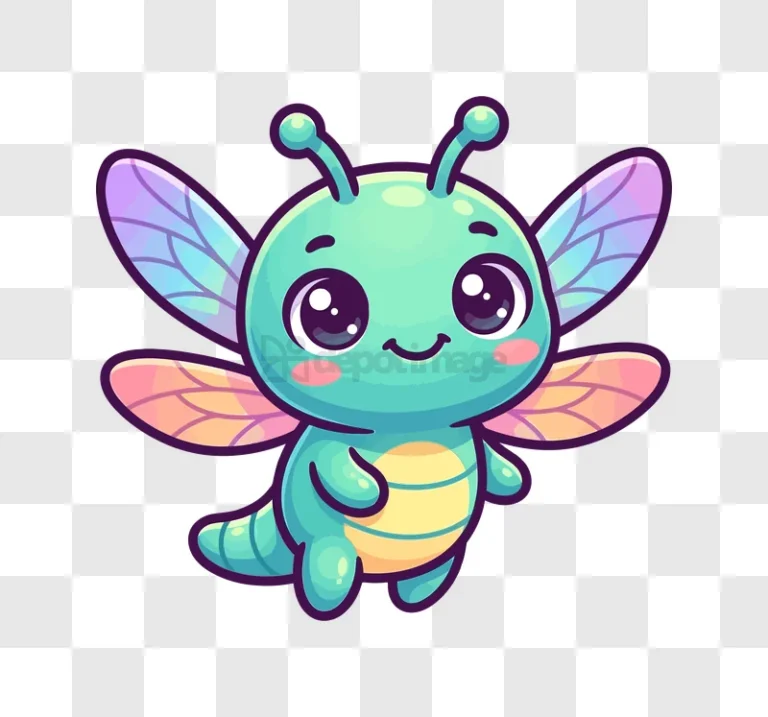 Cute Cartoon Dragonfly With Big Eyes bright teal purple wings transparent