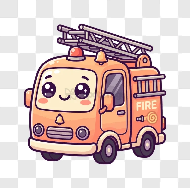 Cute Cartoon Fire Truck orange animated with big eyes