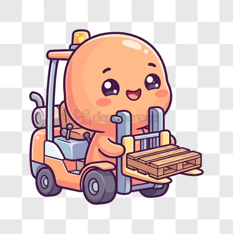 Cute Cartoon Forklift Character Illustration, orange character holding pallet, transparent background