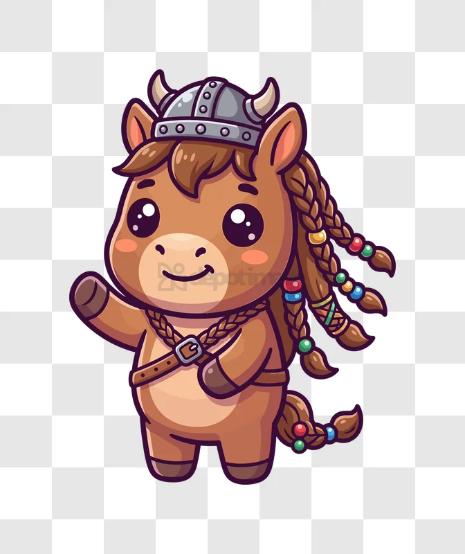 Cute Cartoon Horse Viking Figure brown cartoon style transparent background