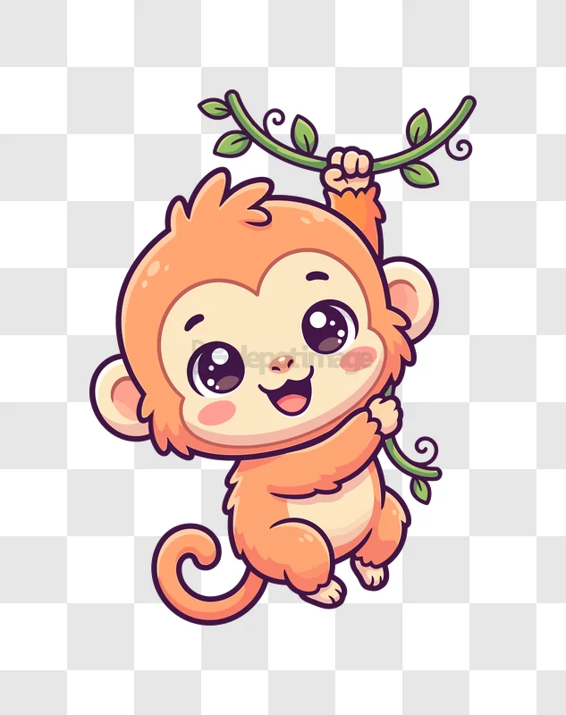 Cute Cartoon Monkey Hanging on Vine cartoon style orange character transparent background