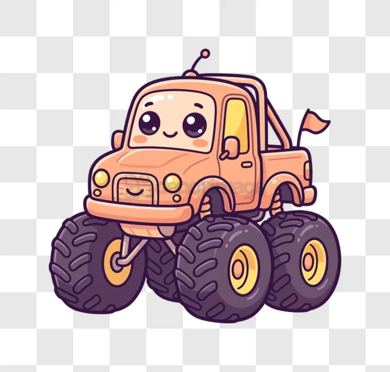 Cute Cartoon Monster Truck With Big Wheels orange, purple, friendly face