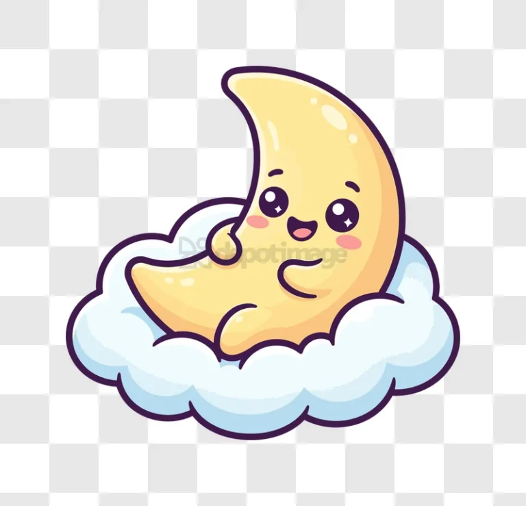 Cute Cartoon Moon in Cloud Happy cartoon style, yellow crescent, white cloud, transparent background