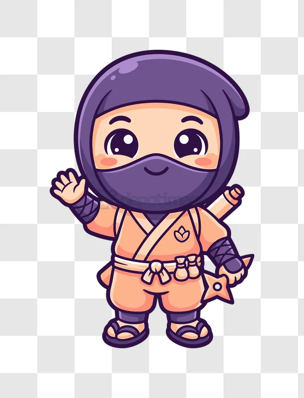 Cute Cartoon Ninja Character Waving Hand cartoon style orange purple