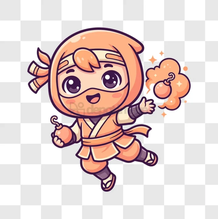 Cute Cartoon Ninja Character With Bomb orange chibi style, transparent background