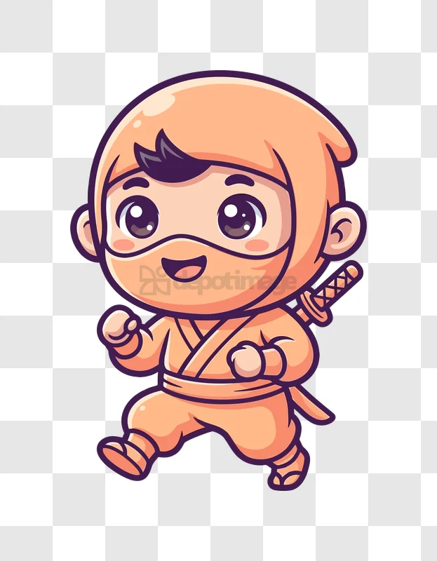 Cute Cartoon Ninja Character With Katana Sword cheerful orange ninja, cartoon style, transparent background
