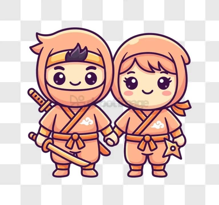 Cute Cartoon Ninja Couple Holding Hands cartoon style orange characters