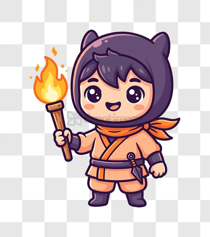 Cute Cartoon Ninja Holding a Flaming Torch, adorable chibi style orange purple