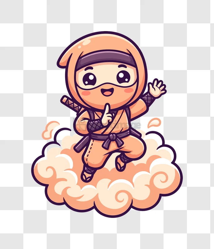 Cute Cartoon Ninja on a Cloud, orange stylized character transparent background