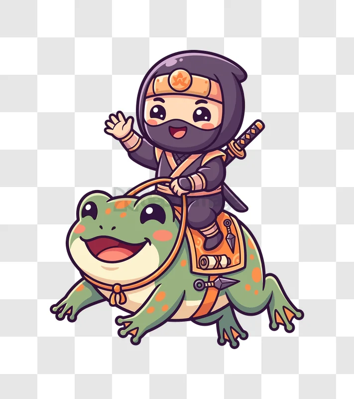 Cute Cartoon Ninja Riding a Friendly Green Frog chibi style transparent background