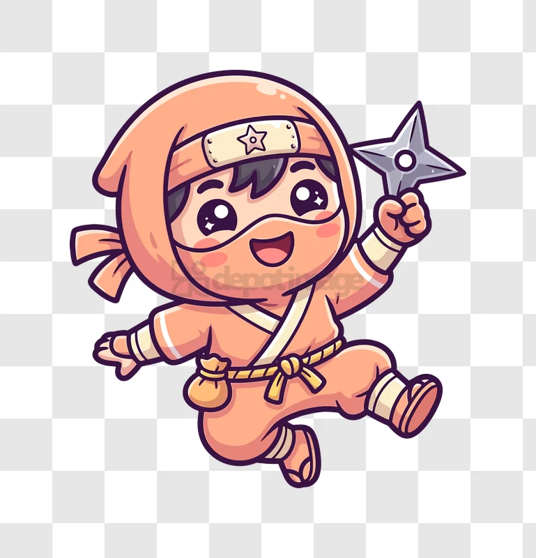 Cute Cartoon Ninja With Shuriken orange costume happy expression