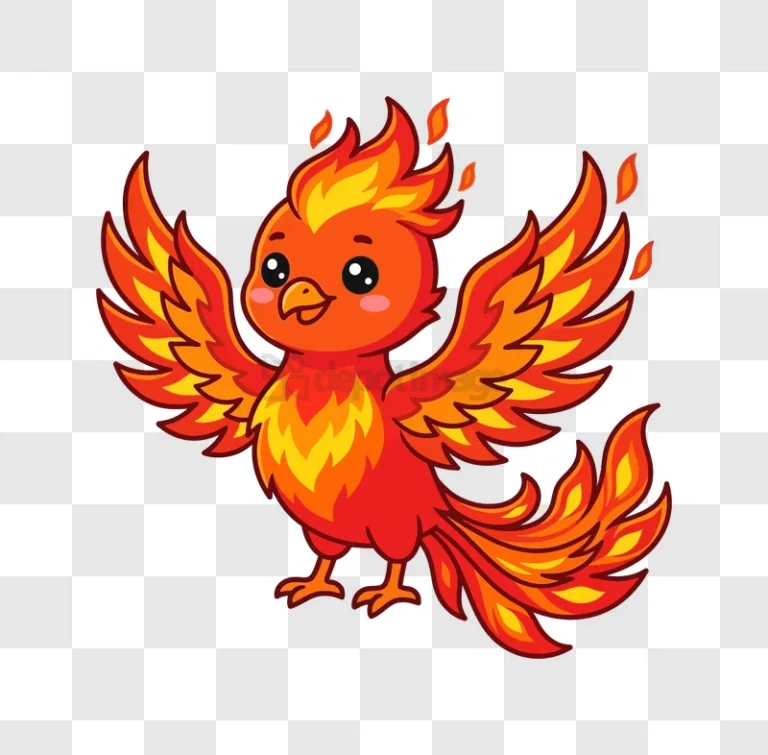 Cute Cartoon Phoenix With Fire Feathers cartoon style red orange transparent