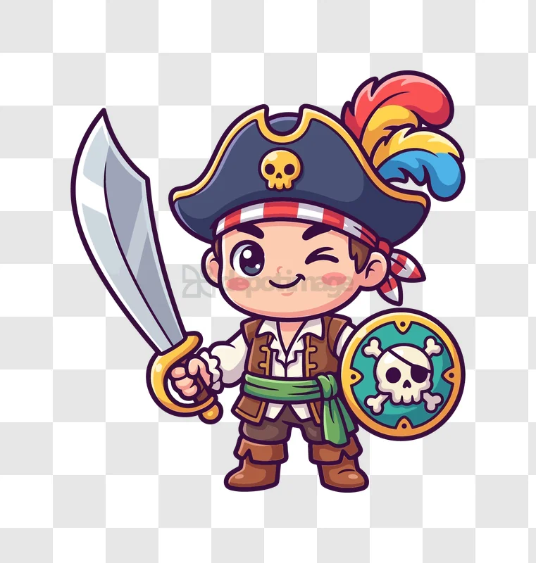 Cute Cartoon Pirate Boy Winking Holding Sword cartoon style colorful transparent background