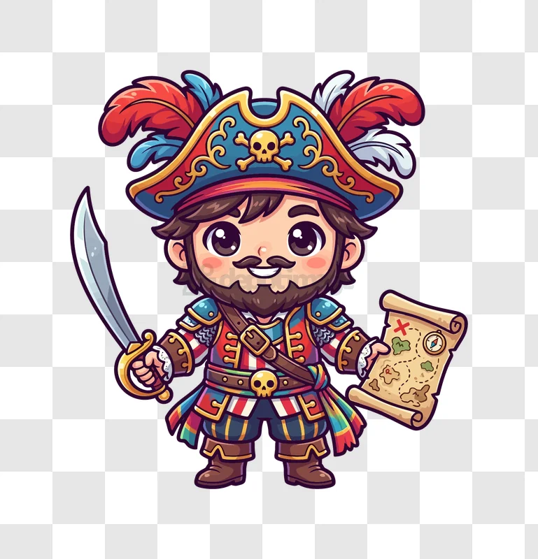 Cute Cartoon Pirate Holding Map, colorful chibi style, sword and map