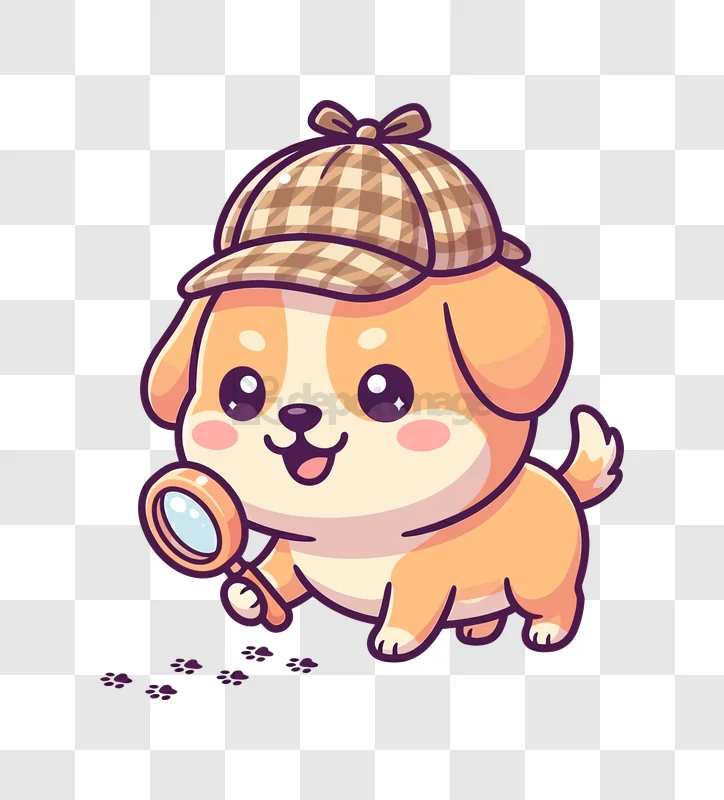 Cute Cartoon Puppy Detective With Magnifying Glass and Plaid Hat adorable illustration transparent background