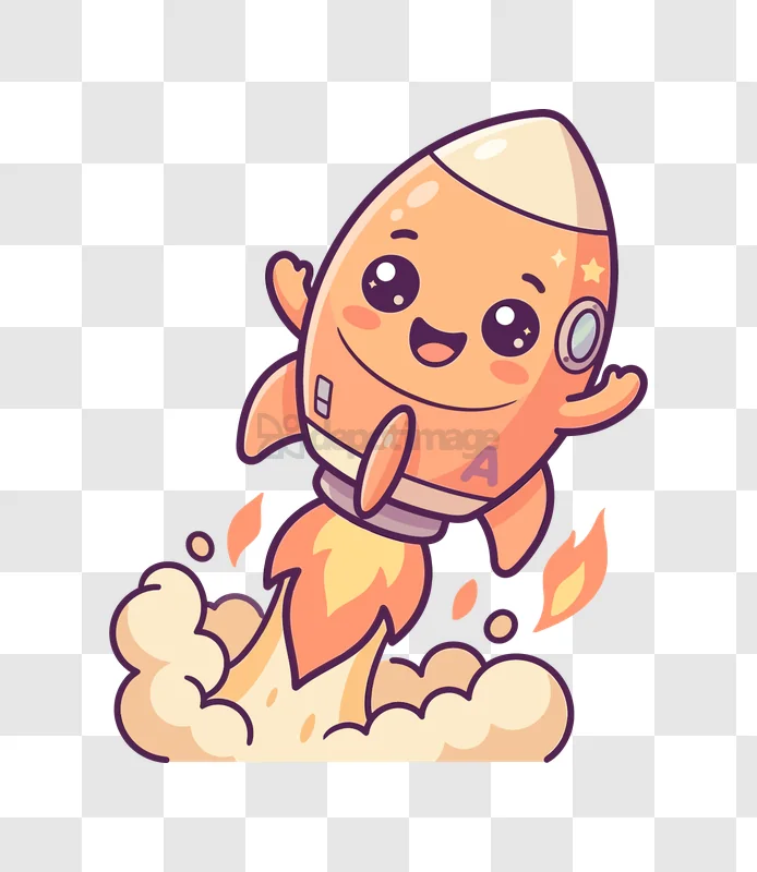 Cute Cartoon Rocket Launching Upwards cheerful orange character, smoke trail, transparent background