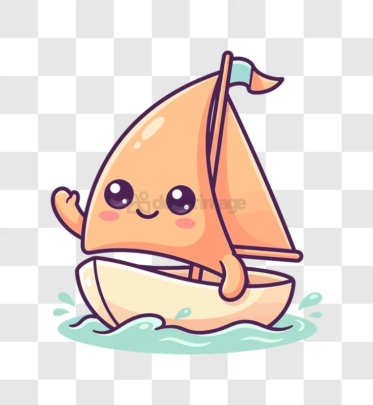Cute Cartoon Sailboat Character Waving, peach color, purple outline, transparent background