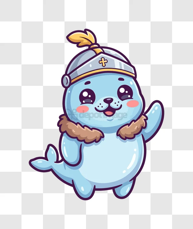 Cute Cartoon Seal Knight Happy Waving cartoon style transparent background