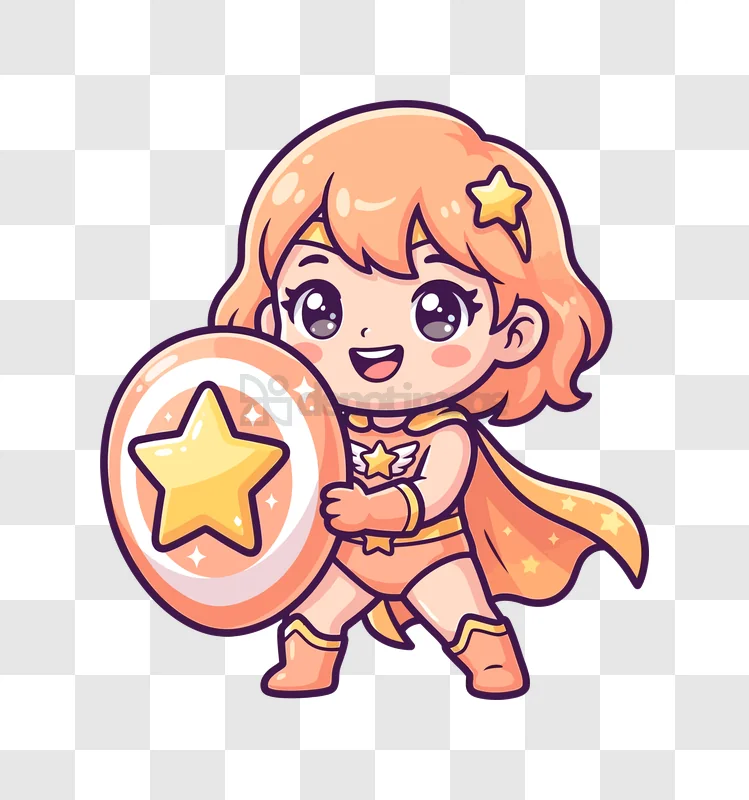 Cute Cartoon Superhero Girl With Shield and Star chibi style orange outfit