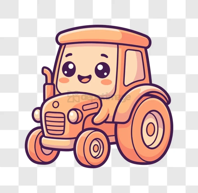 Cute Cartoon Tractor Smiling Happily peach colored cartoon illustration transparent background